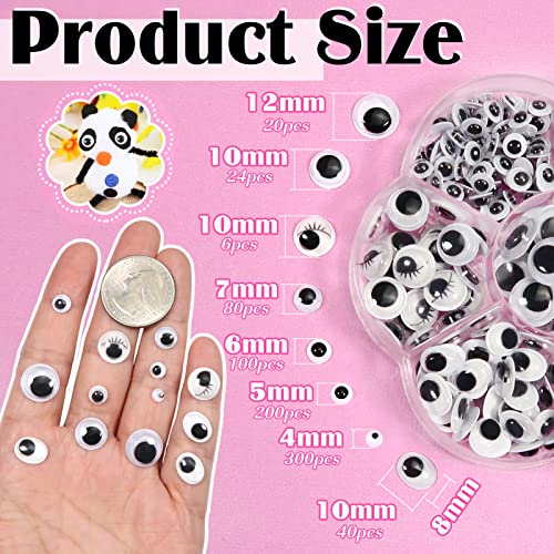 TOAOB 770 Piezas Ojos Móviles Autoadhesivo 4 mm a 12 mm de 7 Tamaños Adhesivos Ojos Negros de Plástico para Manualidades de Scrapbooking Accesorios Decoración Navideña Juguete