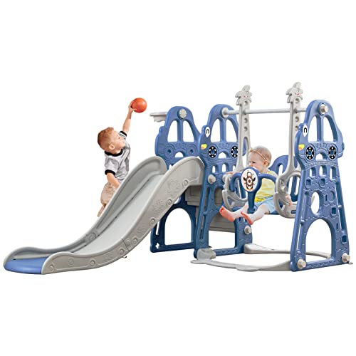 Tobogán y Columpio para niños pequeños 4 en 1 Zona de Juegos para con tobogán Mecedora, escaladores y tobogán de Baloncesto para Bebés niños y niñas Juegos de Juegos en Interiores y Exteriores (Azul)