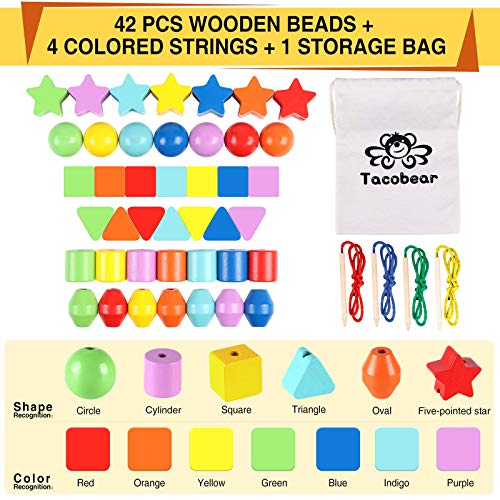 Toyssa 42 Piezas Cuentas de Madera Juguete de Enhebrar Cuentas Montessori Juguetes Educativos Juguete Madera para 3 4 5 6 años Niños Niñas Navidad Cumpleaños Regalo