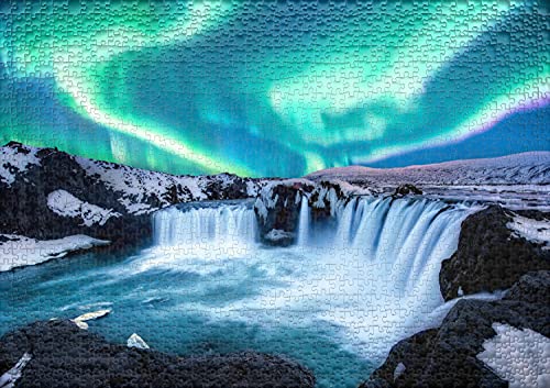 Ulmer Puzzleschmiede - Puzzle "Los elementos del norte": Puzzle de 1000 piezas - Cascada de Godafoss en Noruega con la aurora boreal en el cielo
