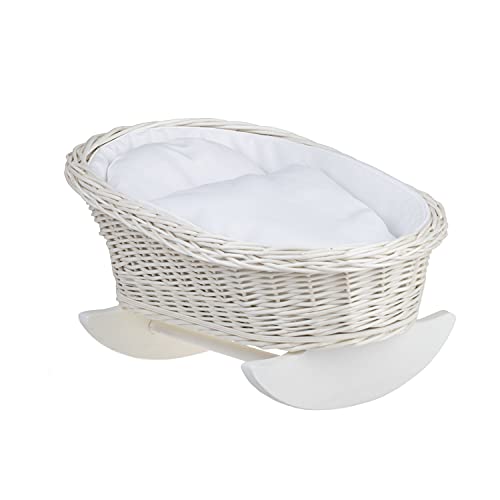 Una cama mecedora, una cuna mecedora, un columpio de mimbre para muñecas, cama de muñecas.