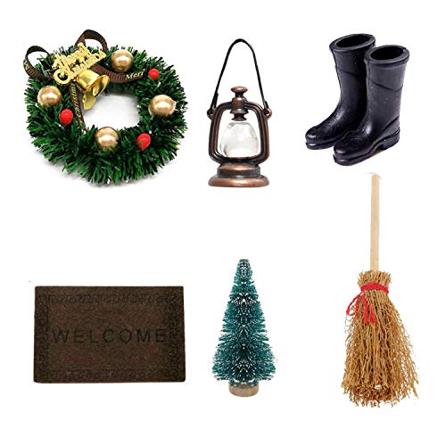 witgift Accesorio para casa de muñecas en miniatura vintage, lámpara de aceite, corona de Navidad, alfombra, zapatos, escoba, árbol, muebles, decoración, casa de muñecas, micro paisaje.