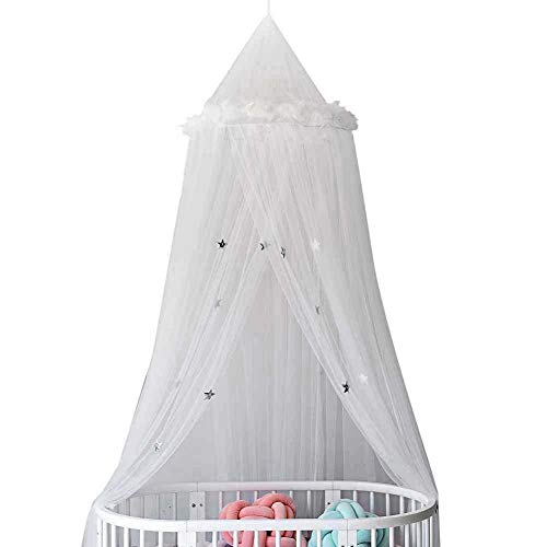 WZXHN Habitación Redonda para niños Cúpula Mosquitera Pluma Estrella Decorativa Instalación de la Cortina de la Cama Toldo Cama Jugar Tienda-Blanco