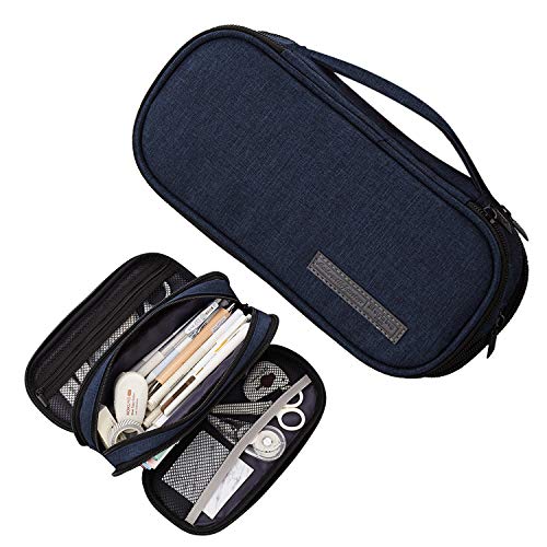Yommie - Estuche de lápices vintage, de lona, 3 compartimentos, tamaño XXL, para adolescentes y niñas, color azul marino XXL