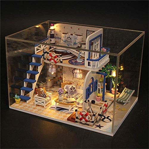 Zhangl DIY mini Dollhouse muebles del bebé Kit de madera, Costa de la Luz azul hecha a mano Refugio Cabaña Pequeña Casa protector contra el polvo y la caja de música, regalos creativos Montaje casa de