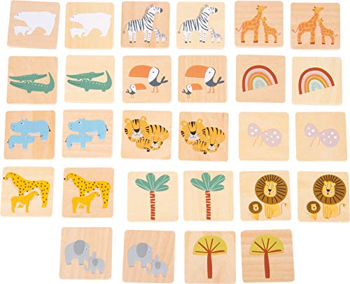11696 Memo Safari, small foot, Madera con Motivos Animales en Colores de Moda, con 28 memócratas, a Partir de 3 años.