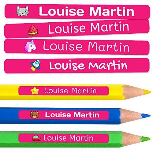 50 Etiquetas Adhesivas Personalizadas para lápices, bolis y rotuladores. Pegatinas escolares con nombre para marcar objetos. Adhesivos resistentes al agua para colegio y guardería Medida 4,6 x 0,6 cm