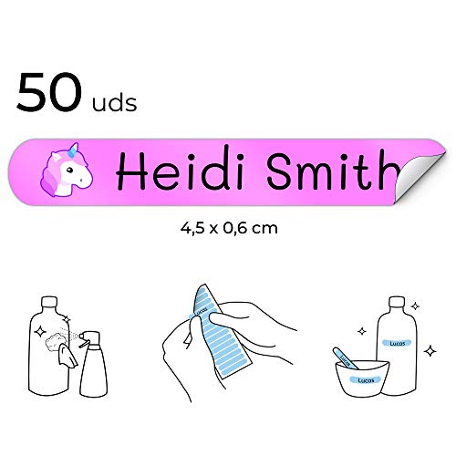 50 Etiquetas Adhesivas Personalizadas para lápices, bolis y rotuladores. Pegatinas escolares con nombre para marcar objetos. Adhesivos resistentes al agua para colegio y guardería Medida 4,6 x 0,6 cm