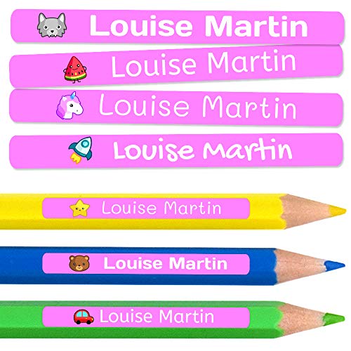 50 Etiquetas Adhesivas Personalizadas para lápices, bolis y rotuladores. Pegatinas escolares con nombre para marcar objetos. Adhesivos resistentes al agua para colegio y guardería Medida 4,6 x 0,6 cm
