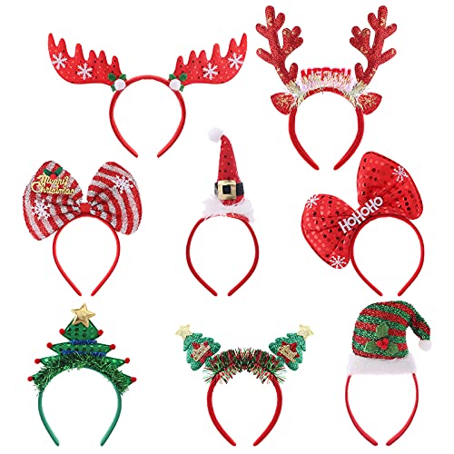 8 Piezas de Diadema de Navidad Sombrero de Navidad Diadema Fiesta de Navidad Vestir aro de Pelo con Orejas Accesorios para el Cabello de Navidad Sombreros de Fiesta de asta de Reno para Navidad