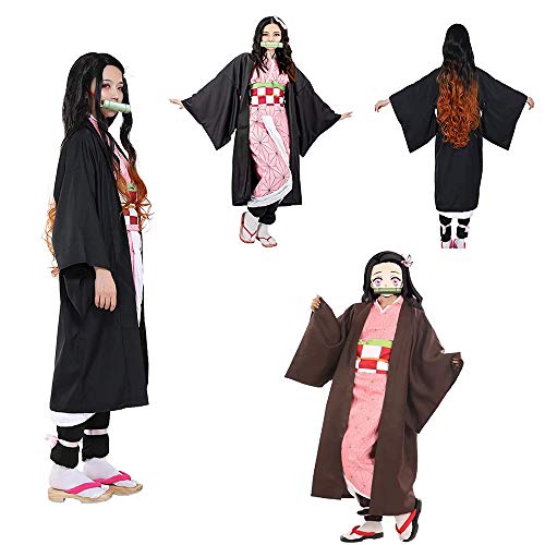 Anime Cosplay Disfraz Demon Slayer Kamado Nezuko Juego de rol Trajes con Bambú Mujeres Rosa Kimono Halloween Fiesta Carnaval Ropa (L)
