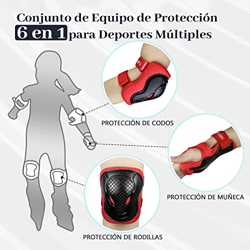 AresKo Juego de Equipo de protección para niños, Rodilleras y Cojines de Codo para niños Protector de muñeca Protector 6 en 1 Juego de Equipo de protección - S
