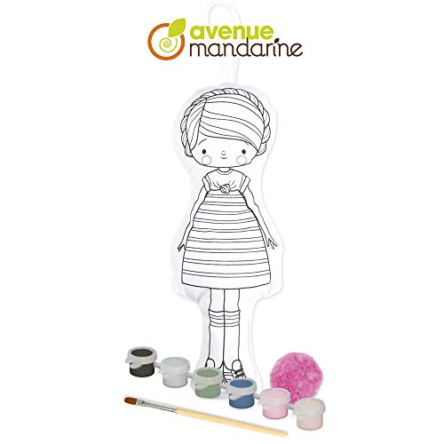Avenue Mandarine - Poupée à Peindre, Laureen - 1 Poupée en Tissu (H. 29cm) + 6 Flacons Peinture Acrylique + 1 Pinceau + 1 Pompon à Coller - Kit Créatif à Partir de 6 Ans - PP039C