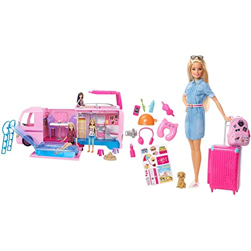 Barbie - Supercaravana de Barbie - Autocaravana barbie - (Mattel FBR34) + Vamos de Viaje, muñeca con Accesorios, Edad Recomendada: 3 años y mas (Mattel FWV25)