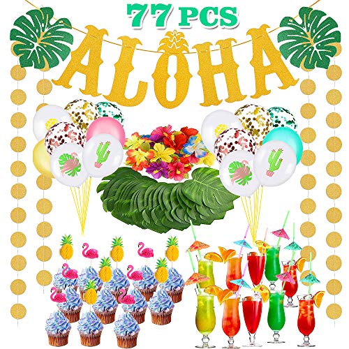 Bascolor 77 Piezas Decoración de Fiesta Tropical Hawaiana Fiesta de Verano Artículos para Fiestas en la Playa Hawaianos Globos de Látex Aloha Banner Tropical Palm Leaves par Luau Fiesta Hawaiana