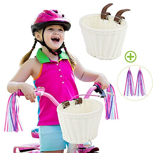 Cesta Bicicleta Infantil NiñA Delantera, NiñOs Cesta Ciclista Tejida a Mano y 1 Par Borlas Bicicleta Manillar con Correas de Cuero de FáCil InstalacióN Desmontables (Blanco)