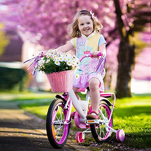 Cesta Bicicleta Infantil NiñA Delantera, NiñOs Cesta Ciclista Tejida a Mano y 1 Par Borlas Bicicleta Manillar con Correas de Cuero de FáCil InstalacióN Desmontables (Blanco)