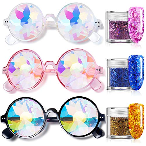 CNNIK 3 Piezas de Gafas de caleidoscopio con 3 Piezas de Lentejuelas Brillantes, Brillo cosmético de Lentes de Lentes Multicolores para decoración de Cara de Concierto de Vacaciones