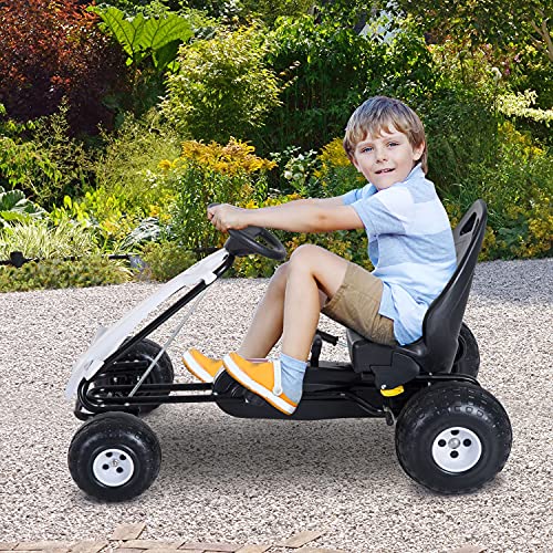 Coche de Pedales Go Kart Racing Deportivo con Asiento Ajustable Embrague y Freno Juguete Exterior 101.5x65.5x59.5cm Marco Hierro Blanco y Negro