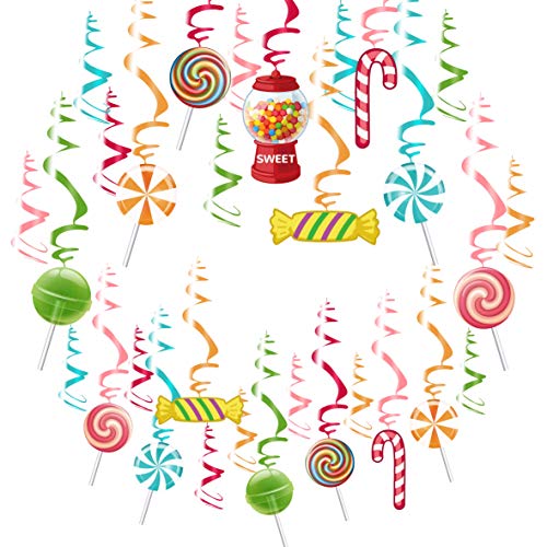 Colorido juego de decoración para fiestas de caramelos, piruleta, juego de remolinos y banderines colgantes Candyland Party para niñas, cumpleaños, eventos, tienda de dulces suministros para fiestas