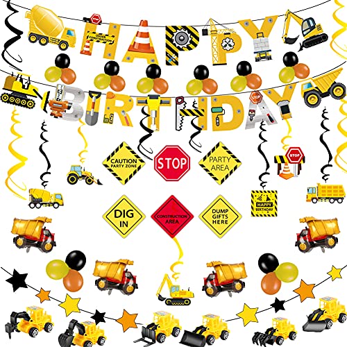 Construcción Decoracion Cumpleaños para Niños - Obra Pancarta de feliz cumpleaños, Globos Camiones , Estrella Guirnalda, Remolinos, Modelo de coche Adornos para Tartas, Detalles Fiesta de Infantiles