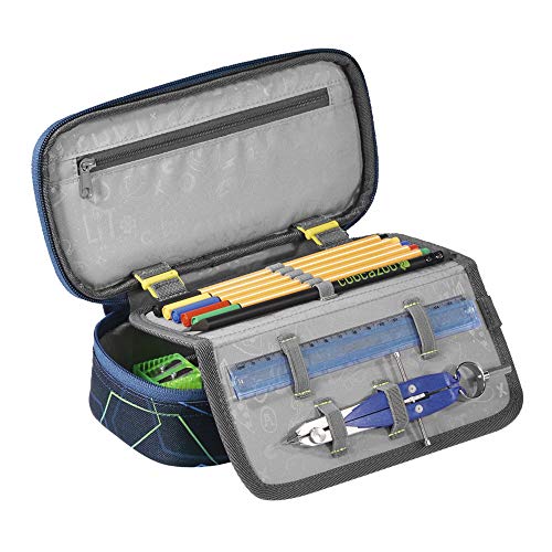 coocazoo Estuche para lápices PencilDenzel Laserbeam Blue Azul, Estuche con escuadra, Compartimento para horarios, Compartimento para bolígrafos extraíble, Compartimento Adicional con Cremallera.