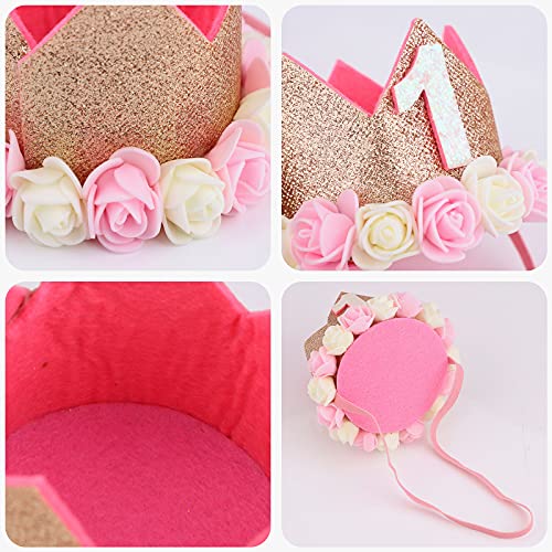 Corona de Cumpleaños 1 año Corona de Princesa Bebé Sombrero Corona Cumpleaños Corona de Tiara Princesa Glitter Corona de Cumpleaños con Diadema Elástica Sombreros de Fiesta con Rosa Decoración Oro