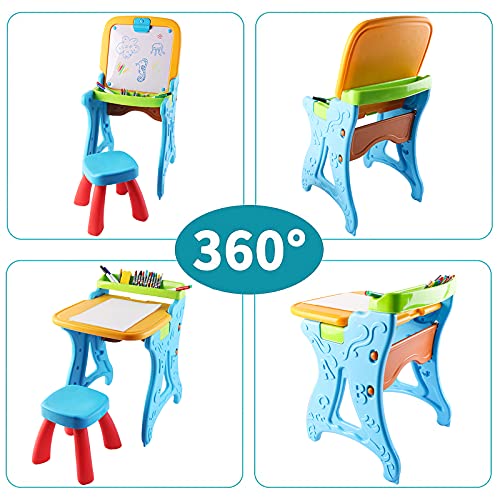 deAO Escritorio Infantil 2en1 Centro de Actividades Creativas y de Aprendizaje Mesita Didáctica Multiusos Incluye Taburete, Pizarra Blanca y Accesorios.