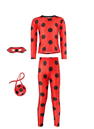 Disfraz de mariquita Ladybug, disfraz de Halloween y carnaval, juego de 4 piezas, camiseta, pantalón, antifaz con bolsillo, 146 y 152, color rojo