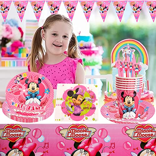fiestas de cumpleaños infantiles, Babioms Juego de 42 piezas para fiesta de Minnie – Platos, vasos, servilletas, mantel, banderines y bolsas de fiesta para 6 niños