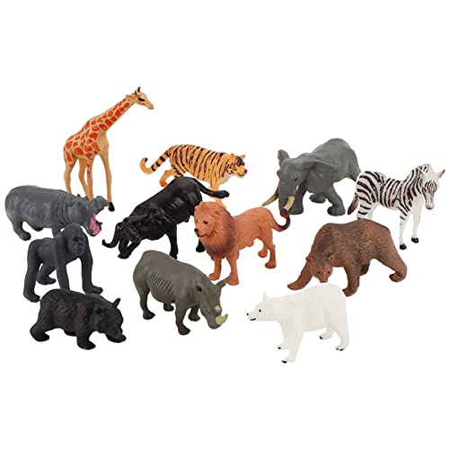 Figuras de animales del bosque, 12 piezas de animales realistas del bosque con jirafa, hipopótamo, elefante, rinoceronte, león, orangután, tigre, mini figuras de animales de juguete para niños decor