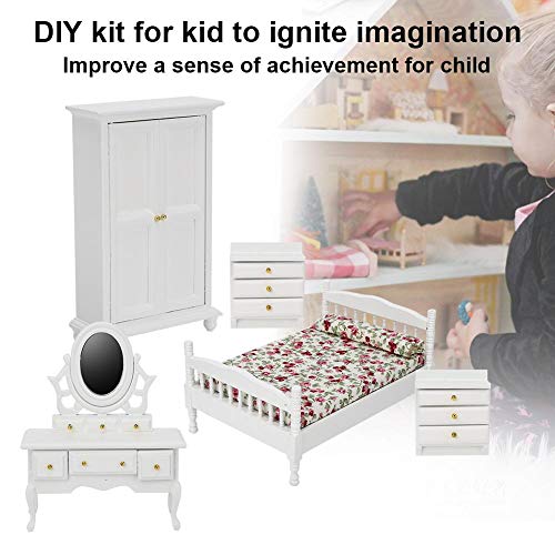 GOTOTOP Juego de Muebles de Dormitorio de casa de muñecas de Madera de 5 Piezas, Cama + Mesa + mesita de Noche + Armario(Blanco)