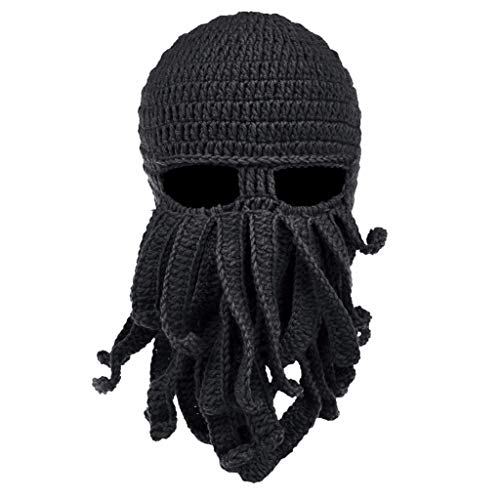 Gwxevce Hombres Mujeres Creativo Divertido Tentáculo Pulpo Sombrero de Punto Barba Larga Gorro Pasamontañas Invierno Cálido Disfraz de Halloween Máscara de Cosplay Negro