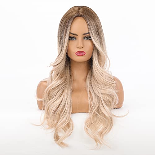 HAIRCUBE Lamera rizada larga Ombre Rubia Rubia Roots a la peluca blanca para las mujeres Party Halloween Cosplay y uso diario