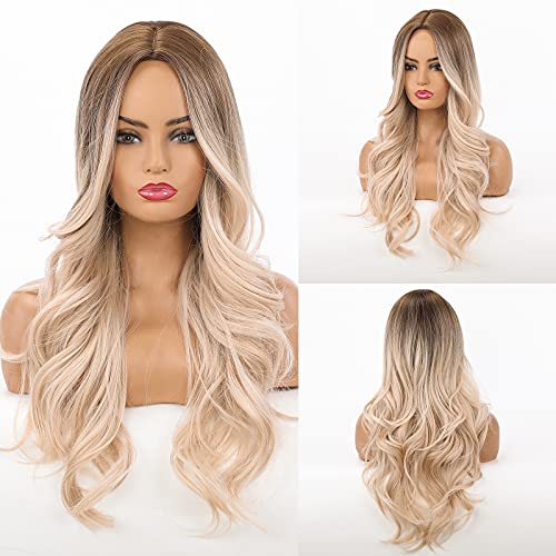 HAIRCUBE Lamera rizada larga Ombre Rubia Rubia Roots a la peluca blanca para las mujeres Party Halloween Cosplay y uso diario