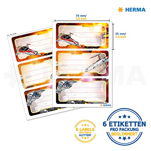 Herma 5589 - Etiquetas de nombre para grapadora escolar, diseño de nave espacial, 3 x 3,5, brillantes, contenido por paquete: 6 etiquetas