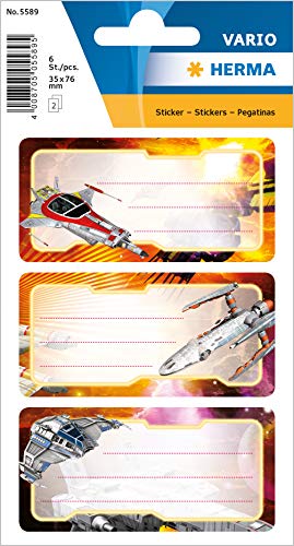 Herma 5589 - Etiquetas de nombre para grapadora escolar, diseño de nave espacial, 3 x 3,5, brillantes, contenido por paquete: 6 etiquetas