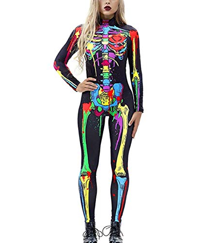 Idgreatim - Disfraz de Halloween para mujer, estampado en 3D, manga larga, ajustado, con diseño de esqueleto, traje de cosplay