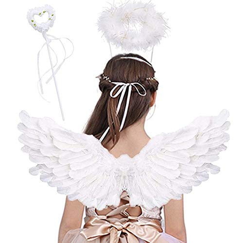 Jackcell Disfraz de alas de ángel, plumas con aureola y varita mágica para Halloween, Carnaval, Cosplay, fiesta, disfraces (blanco, pequeño)