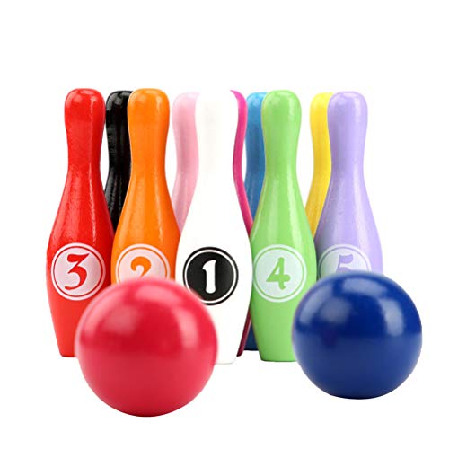 JOKFEICE Juego de Bolos 10 Piezas Divertido Colorido Juego de Bolos de Madera para Interiores Juguetes educativos tempranos Deportes Juegos Familiares para niños 2 3 4 años