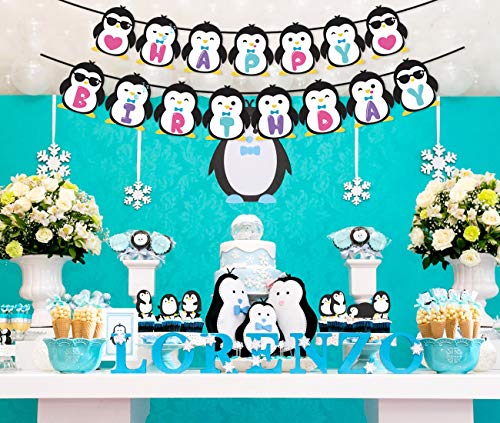JOYMEMO Suministros para Fiestas de pingüinos Banner de Feliz cumpleaños Globos de pingüinos Caminando Toppers de Pastel para Fiestas de cumpleaños, Decoraciones de Baby Shower