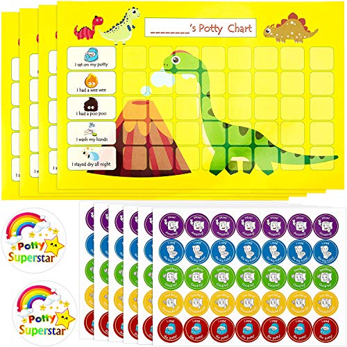 Juego de 12 Piezas de Tabla de Recompensas para Ir al Bano Incluye 4 Piezas de Cartas de Recompensas de Dinosaurios, 6 Hojas de 210 Piezas de Pegatinas de Recompensas y 2 Insignias para Niños Niñas