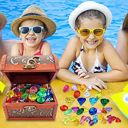 Juguetes para Piscina De Buceo, Juego De Caza del Tesoro Submarino, Gemas De Acrílico para Piscina con Caja De Tesoro Pirata para Niños, 45 Piezas De Gemas, Cofre del Tesoro, Pegatina