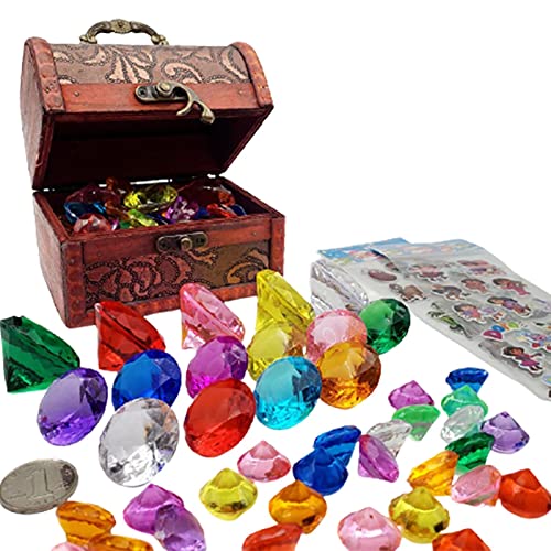 Juguetes para Piscina De Buceo, Juego De Caza del Tesoro Submarino, Gemas De Acrílico para Piscina con Caja De Tesoro Pirata para Niños, 45 Piezas De Gemas, Cofre del Tesoro, Pegatina