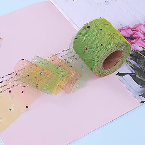 KLOVA 25 Yardas 6 cm Color Degradado Luna y Estrella Rollo de Tul de Lentejuelas iridiscentes DIY Falda de Mesa Rollo de Tul Colorido Arcos de Boda DIY