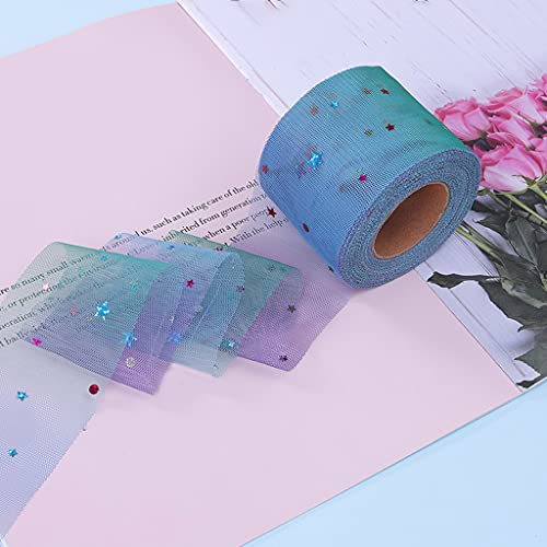 KLOVA 25 Yardas 6 cm Color Degradado Luna y Estrella Rollo de Tul de Lentejuelas iridiscentes DIY Falda de Mesa Rollo de Tul Colorido Arcos de Boda DIY