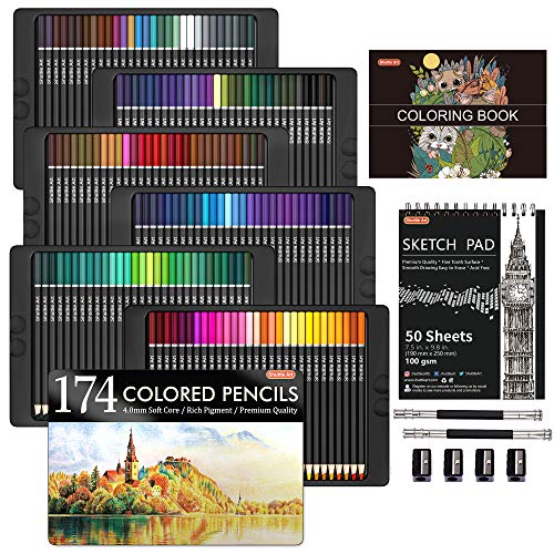 Lápices de colores profesionales de 174 colores, set de lápices para colorear con 1 libro para colorear, 1 bloc de bocetos, 4 sacapuntas, 2 extensor de lápiz, perfecto para artistas niños adultos