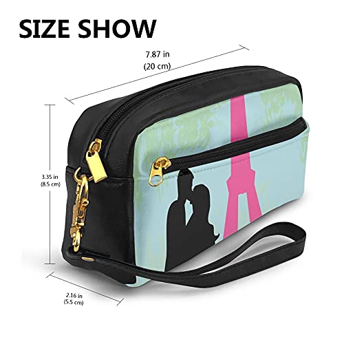 Large Capacity Pencil Case,Couple In Paris Kissing Near The Eiffel Tower Love Valentines Day Hand Drawn,PU Leather Lightweight Waterproof Cosmetic Bags Pouch