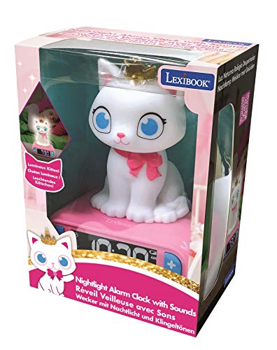 LEXIBOOK- Despertador Gatito con Pantalla LCD Digital y luz de Noche integrada, Color Rosa/Blanco