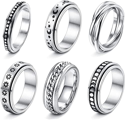 LOLIAS 6 Piezas Acero Inoxidable Anillo Giratorio Mujer Hombre Fidget Band Anillos Ansiedad Geniales para Aliviar Estrés Ansiedad Flores Luna Anillos Giratorio Estrella